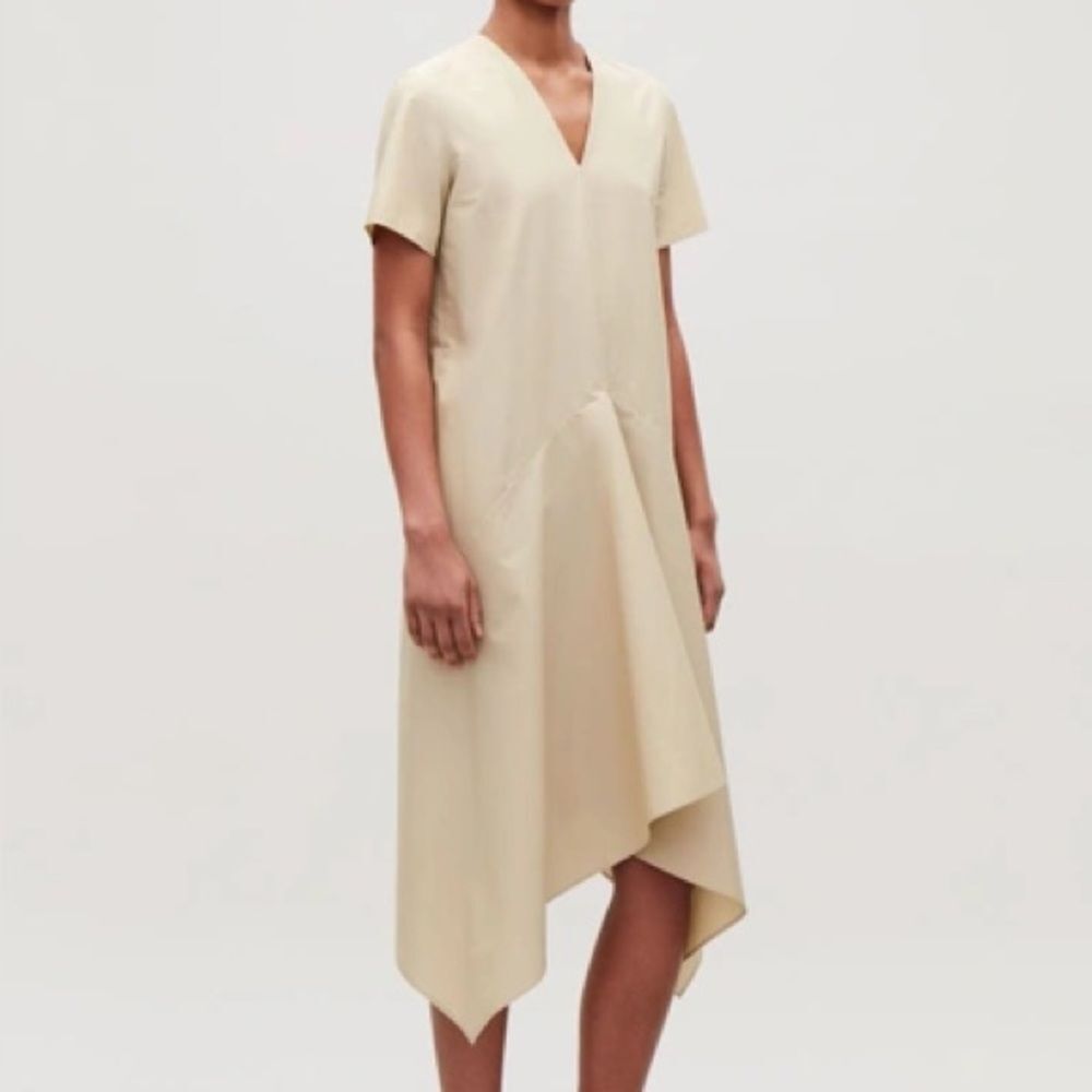 COS Loose Mid-length Dress In Beige Asymmetric Midi Size 4 Half Sleeve V Neck